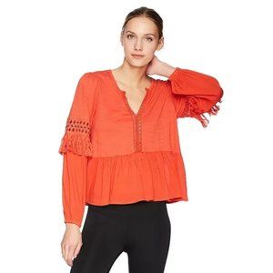 Lucky Brand Orange Cutout Fringe Peasant Blouse